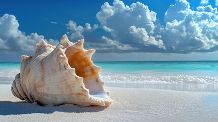 Conch shell on sandy beach with ocean and sky