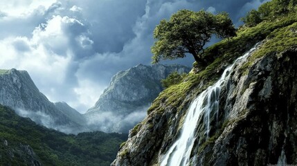 Majestic Waterfall Cascading Down Cliffside in Mountainous Landscape under Clouded Sky