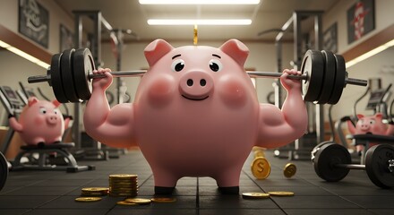 A piggy bank with large muscles lifting a barbell with money on the floor in a gym, symbolizing financial strength and investment.