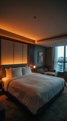 Hotel Suite with King Bed, Couch, and Window in Evening