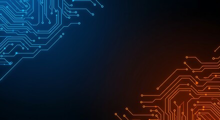 Bright blue and vivid orange circuit pathways extend from opposite corners, framing a central dark space. A representation of modern electronic communication