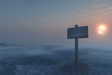 Serene twilight over a misty ocean with a wooden signpost silhouetted against a glowing moon