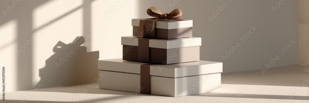 Aufkleber Stack of Minimal Boxes Tied With Ribbon Casting Clean Shadows in a Bright Room Setting