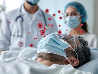 ウィルスが周りを飛ぶ病床の入院患者のアップ
