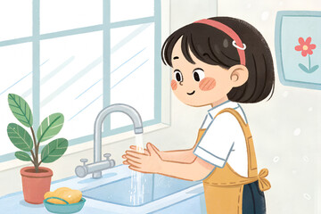 水道で手を洗う女の子の上半身
