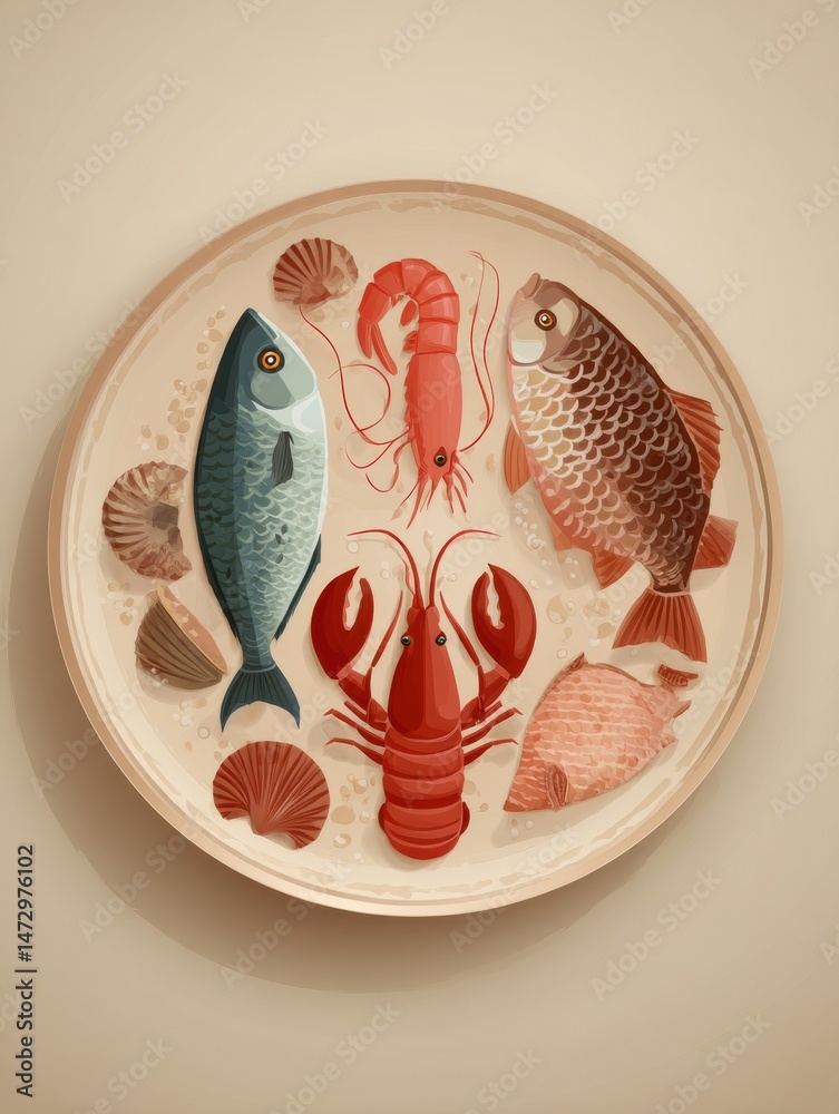 Poster Delicious Flat Seafood Set on a Round Plate With an Empty Space on the Right Side for Additional Culinary Delights