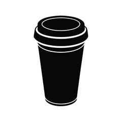 A simple black and white illustration of a disposable coffee cup with a lid on a white background
