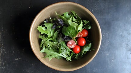 Fresh Green Salad with Cherry Tomatoes and Salami Slices in Bowl