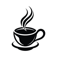 Black and white coffee cup icon with steam rising suitable for logos and branding designs