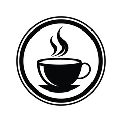 Simple and elegant black and white coffee cup icon inside a circular frame suitable for logos and designs