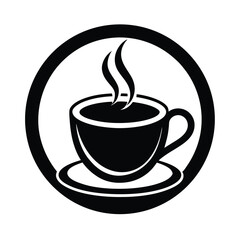 Simple black and white illustration of a cup of coffee with steam inside a decorative circle