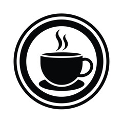 Minimalist black and white coffee cup icon inside a circular frame suitable for cafe branding and design