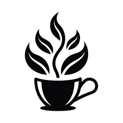 Elegant black and white tea cup logo with fresh green leaves representing herbal refreshment