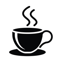 Simple black and white illustration of a steaming coffee cup on a saucer representing beverages and warmth