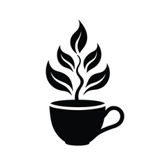 A simple and elegant black and white illustration of tea with growing leaves concept