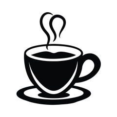 Black and white vector illustration of a steaming coffee cup on a saucer isolated on white