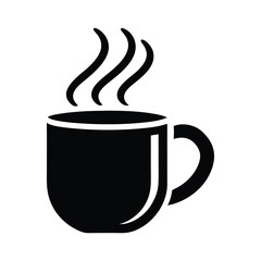 A simple black and white illustration of a steaming cup of coffee ready to drink with the handle visible