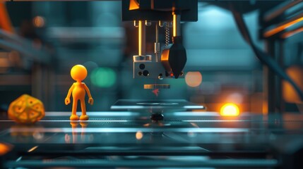 Obraz premium Stick Figure 3D Printing: A stick figure observing a 3D printer in action, watching as it creates an object layer by layer, highlighting modern manufacturing techniques. 