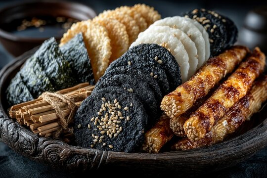 Assorted Traditional Snacks in a Decorative Bowl Featuring Sesame Sticks Rice Cakes and Seaw