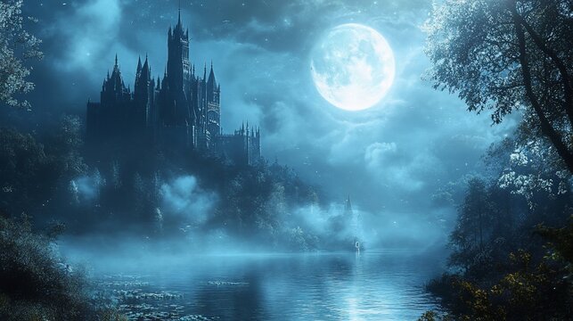 Dark castle by a misty lake under a full moon