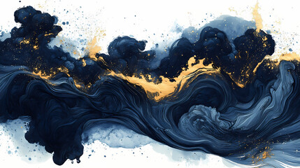 Obraz premium Abstract blue and gold swirling ink art design. [Crimson Rain] | Sangria Storm | deep splash. Illustration