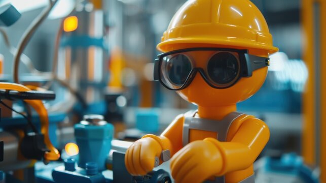 Stick Figure in Safety Gear: A stick figure wearing a hard hat, gloves, and goggles, prioritizing safety while working in a factory environment according to industry standards.
