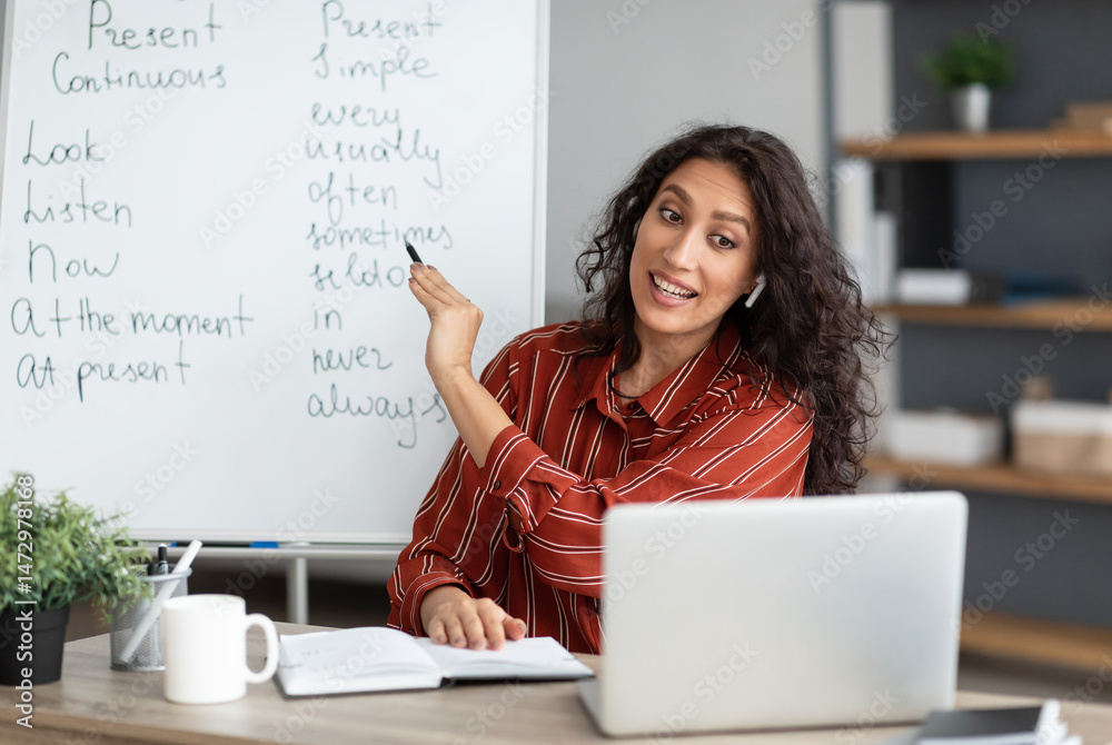 Poster online foreign languages tutoring. joyful female teacher giving english class, pointing at blackboar