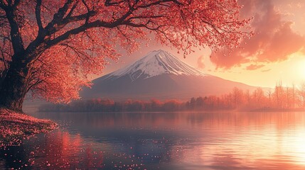 Autumnal Fuji Sunrise, Cherry Blossoms, Lake, Tranquil Scenery