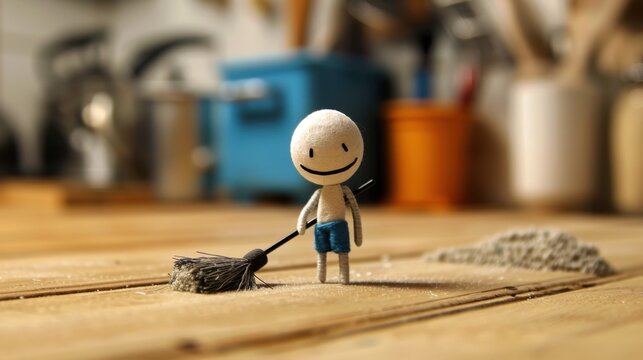 Stick Figure Cleaning: A stick figure sweeping, demonstrating the value of cleanliness and home organization in creating a more pleasant and functional space.
