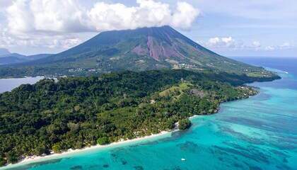 Lush island with a verdant volcanic mountain, pristine beach, and clear turquoise waters under a bright sky