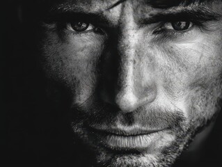 Close-up grayscale portrait of a man's intense facial expression.