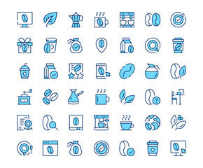 Coffee icons. Vector line icon set. Modern outline design. Blue concept