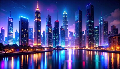 Neon skyline reflects in calm water, capturing futuristic urban essence in vibrant glows