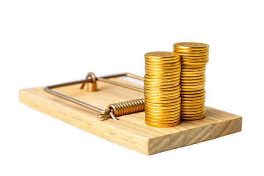 Golden Coins Stacked on a Mousetrap Risk & Reward Concept
