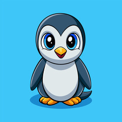 Obraz premium Adorable Baby Penguin: A charming cartoon penguin chick with big, expressive eyes and a cheerful smile, standing against a vibrant blue background.