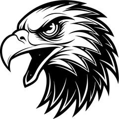 Eagle Head Illustration:  A striking black and white illustration of an eagle's head, showcasing the bird's powerful beak, piercing gaze, and impressive plumage.