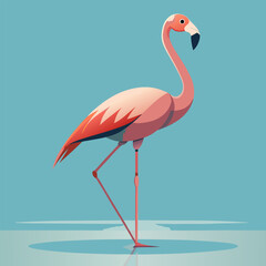 Fototapeta premium Graceful Flamingo in Paradise: A captivating illustration showcases a elegant flamingo with its distinctive pink plumage, slender legs, and curved neck, poised against a tranquil blue backdrop.