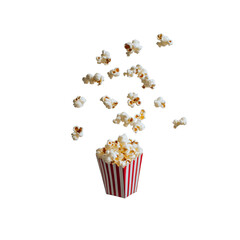Delicious Popcorn Flying into a Striped Box Against a Transparent Background