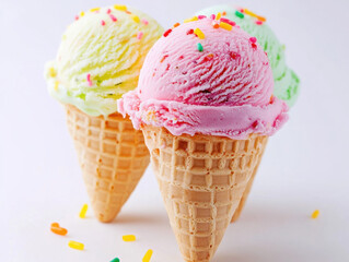 Three Ice Cream Cones in Different Flavors Topped with Colorful Sprinkles