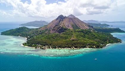 Tropical island with lush green vegetation surrounding a mountain peak, and clear, turquoise waters