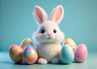 Adorable Fluffy Easter Bunny with Pastel Eggs