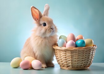 Adorable Fluffy Bunny with Pastel Easter Eggs in Basket