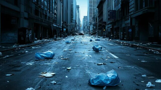A deserted urban street littered with trash bags, highlighting the impact of pollution and neglect in modern cities
