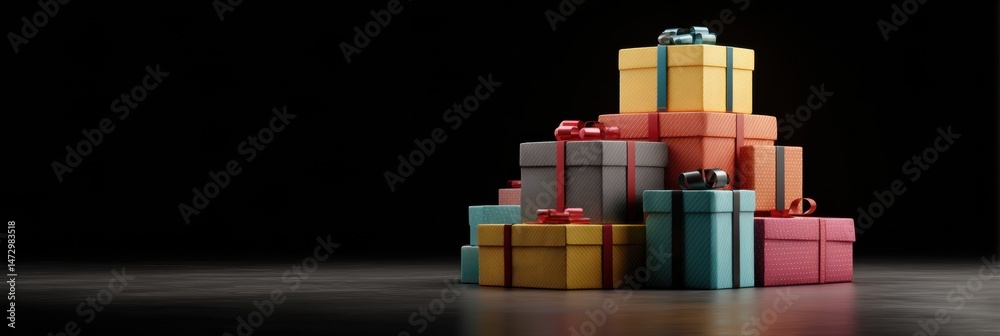 Poster colorful stack of gifts with bows reflecting on glossy surface in a bright light zone