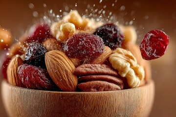 A bowl of assorted nuts and dried fruits with a dynamic splash effect perfect for health and w
