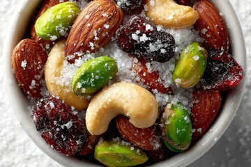 A bowl of assorted nuts and dried fruits sprinkled with coarse salt perfect for healthy snacki