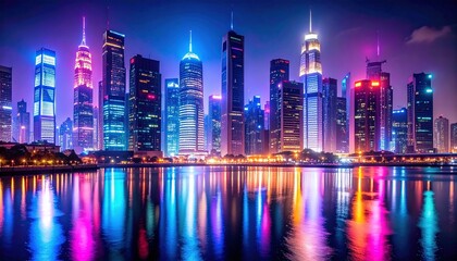 Illuminated skyscrapers reflect in water at night, city skyline brightly glows with a mix of colors