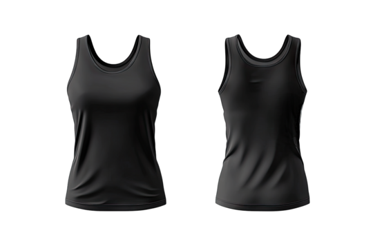 Front And Back View Of A Plain Black Women's Tank Top Isolated On A Transparent Background