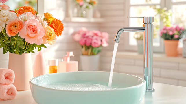 Close up water flows from the tap into a large white sink, pastel colors image without shadows and dark colors, flower shop , surrounded by an array of vibrant pastel-colored flowers. white brick wall