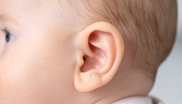 Close up of a baby's ear, with soft, delicate skin, and a hint of blue eye visible